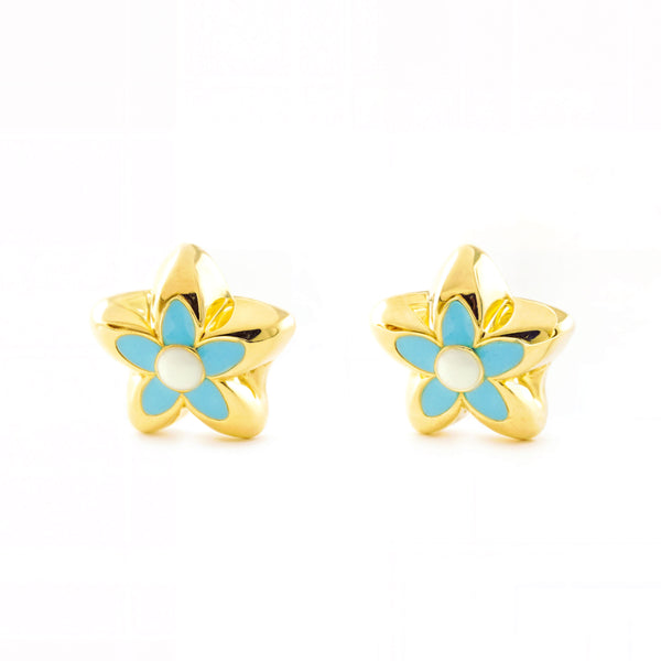 Orecchini ragazza Smalto Blu Fiore Oro Giallo 18K