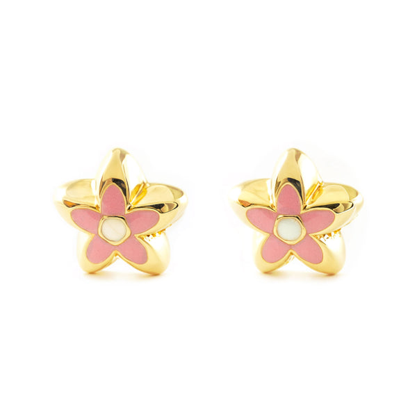 Orecchini bambini ragazza Smalto rosa Fiore Oro Giallo 18K
