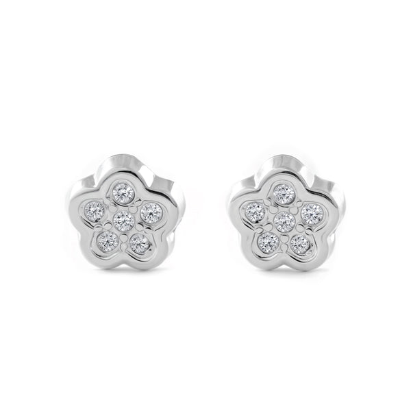 Orecchini bambini ragazza Fiore Zircone Oro Bianco 9K