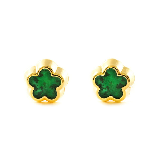 Orecchini Oro Giallo 9K Fiore Margherita Malachite Brillante
