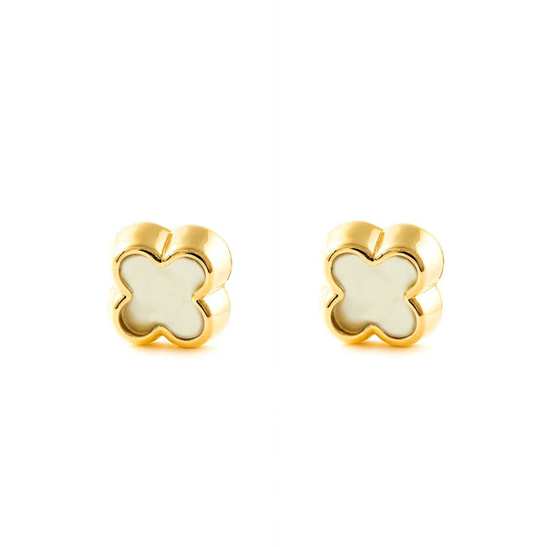 Orecchini Oro Giallo 9K Madreperla Quadrifoglio Brillante