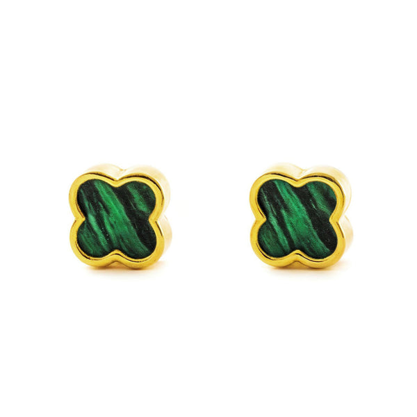 Orecchini Oro Giallo 9K Quadrifoglio Malachite Brillante