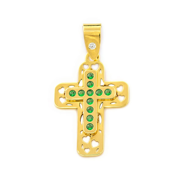 Croce Oro Giallo 9K Rettangolare Smeraldi Preziosi Sintetici Brillante 22 x 15 mm