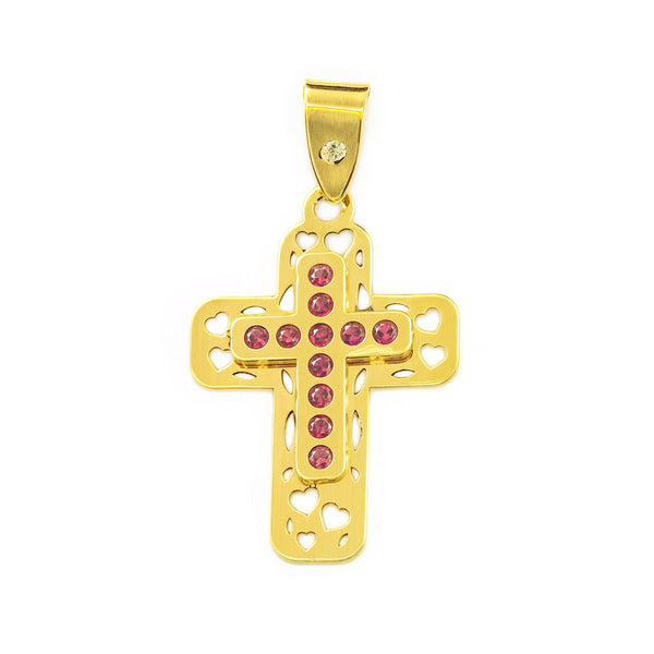Croce Oro Giallo 9K Rettangolare Rubini preziosi sintetici Brillantezza 22 x 15 mm