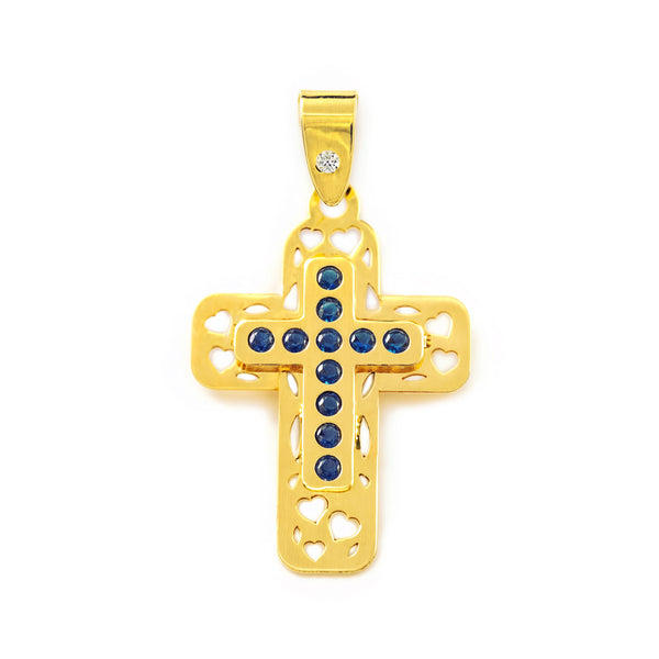 Croce Oro Giallo 9K Rettangolare Zaffiri Preziosi Sintetici Brillante 22 x 15 mm