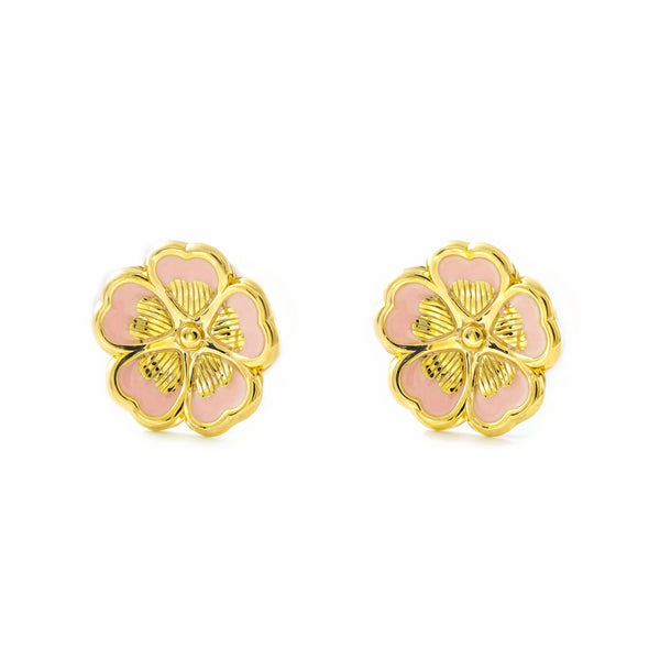 Orecchini ragazza donna fiore smalto rosa brillante e texture Oro Giallo 9K