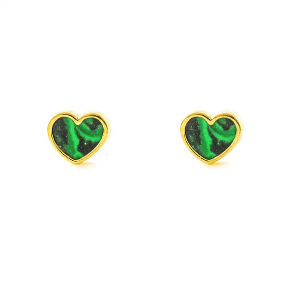 Orecchini Oro Giallo 9K Cuore Malachite Brillante