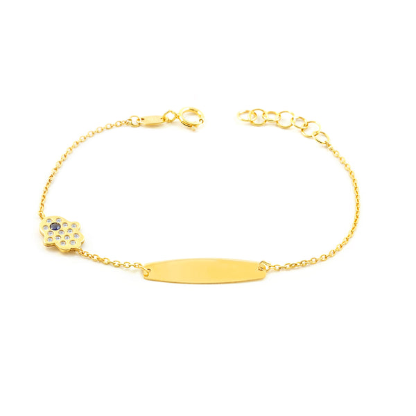 Bracciale Bambina Oro Giallo 9K Personalizzato Schiava Mano di Fatima Zircone Brillante 14 cm