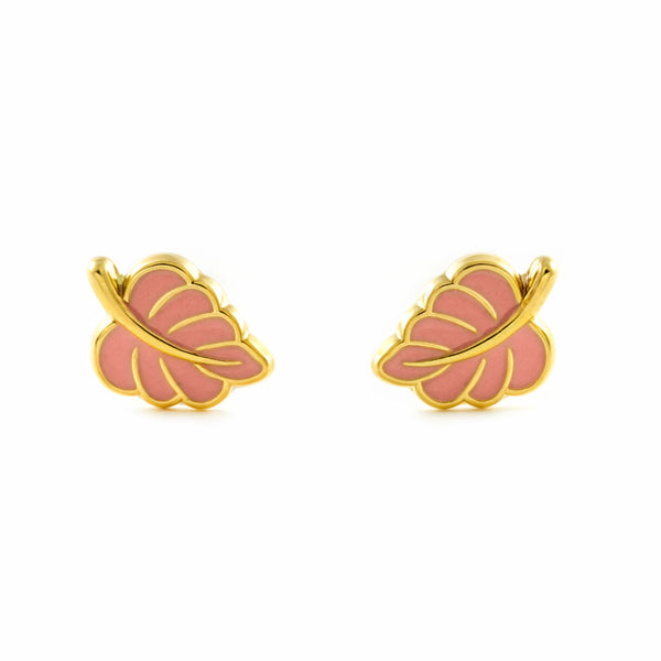 Orecchini Bambina Oro Giallo 9K Foglia Smalto Rosa Lucido