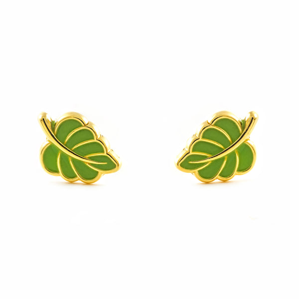 Orecchini Bambini Oro Giallo 9K Foglia Smalto Verde Lucido