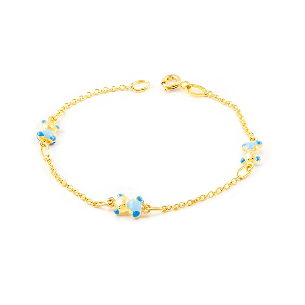 Bracciale Bambina Oro Giallo 9K Smalto Orso Blu Lucido 14 cm