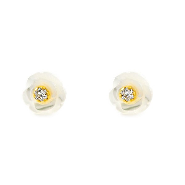 Orecchini Bambina Oro Giallo 18K Madreperla Fiore Zircone Brillante