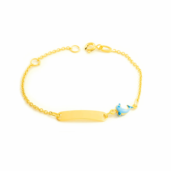 Bracciale Bambina Oro Giallo 9K Smalto Schiava Delfino Blu Brillante 14 cm