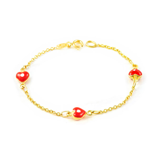 Bracciale Bambina Oro Giallo 9K Smalto Cuore Rosso-Bianco Brillante 14 cm