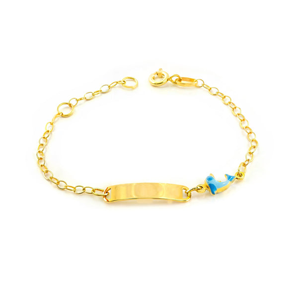 Bracciale Bambina Oro Giallo 18K Smalto Schiava Delfino Blu Brillante 14 cm