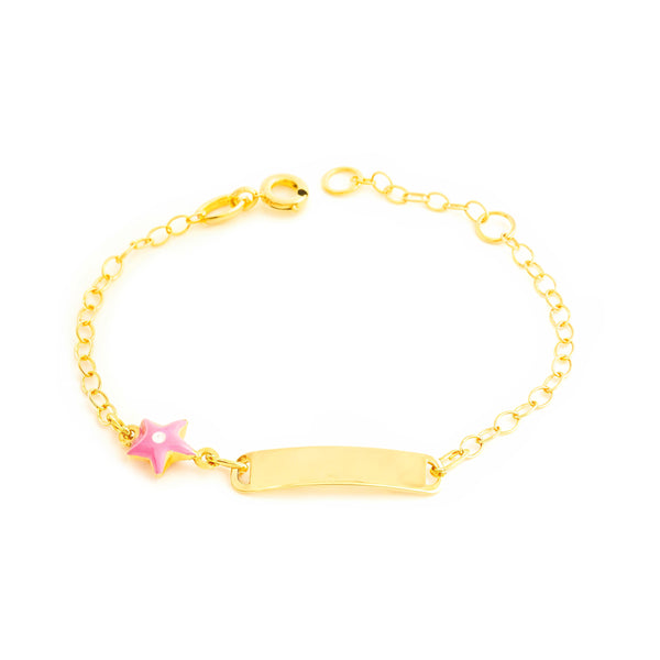 Bracciale Bambina Oro Giallo 18K Smalto Schiava Stella Rosa-Bianco Brillante 14 cm