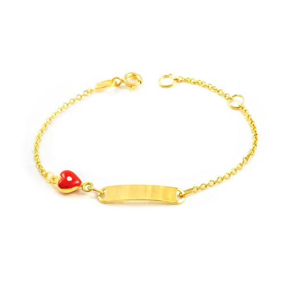 Bracciale Bambina Oro Giallo 9K Smalto Schiava Cuore Rosso-Bianco Brillante 14 cm