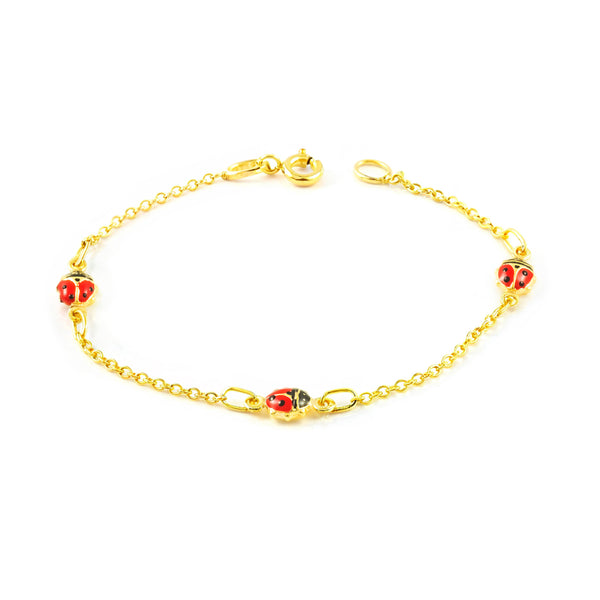 Bracciale Bambina Oro Giallo 9K Smalto Coccinella Rosso-Nero Lucido 14 cm