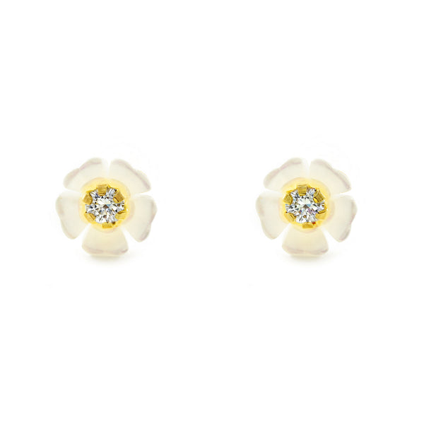 Orecchini Bambina Oro Giallo 18K Madreperla Fiore Zircone Brillante