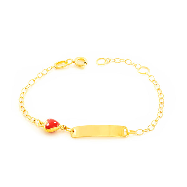 Bracciale Bambina Oro Giallo 18K Smalto Schiava Cuore Rosso-Bianco Brillante 14 cm