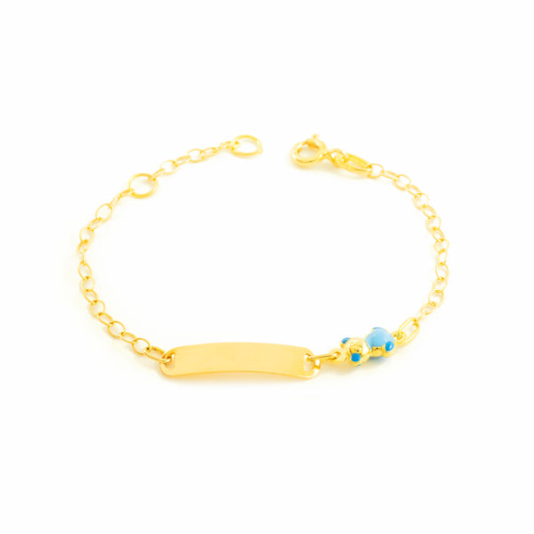 Bracciale Bambina Oro Giallo 18K Smalto Schiava Orso Blu Brillante 14 cm