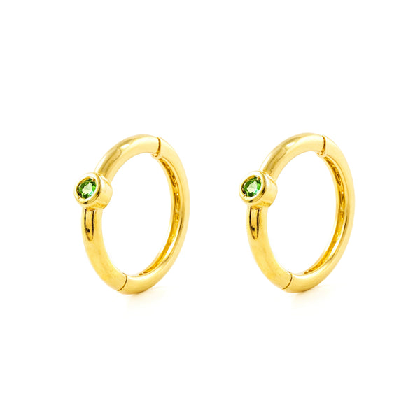 Orecchini donna cerchio oro giallo 9K smeraldi sintetici lucenti 10 x 2 mm