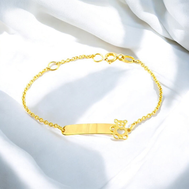Braccialetto Bambina Oro Giallo 9K Personalizzato Schiava Orso Zircone Rosa Lucido 14 cm - Scatola Regalo - Certificato di garanzia - Mondepetit Braccialetto Bambina Oro Giallo 9K Personalizzato Schiava Orso Zircone Rosa Lucido 14 cm - Scatola Regalo - Certificato di garanzia - Mondepetit
