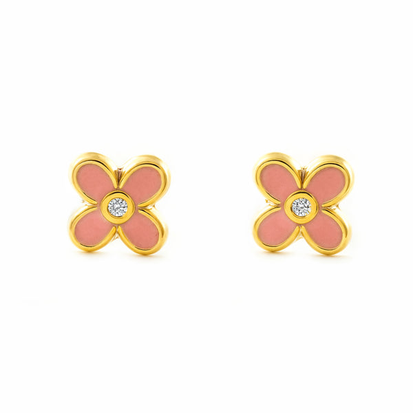 Orecchini Bambini Oro Giallo 9K Quadrifoglio Smalto Rosa Lucido