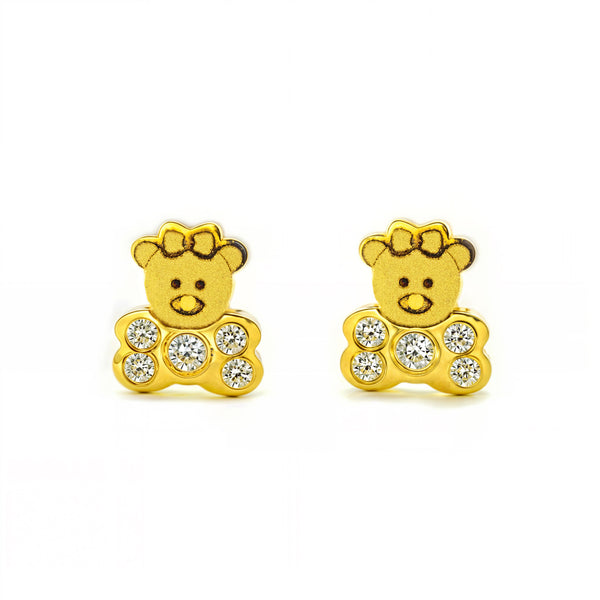 Orecchini Bambini Oro Giallo 18K Orso Zircone Opaco e Lucido