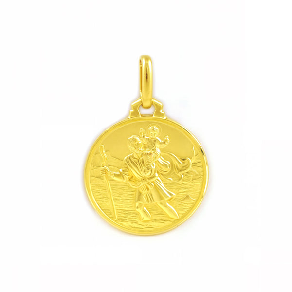 Medaglia ragazza donna oro Giallo 18K rotonda San Cristoforo 12 mm opaco e lucido