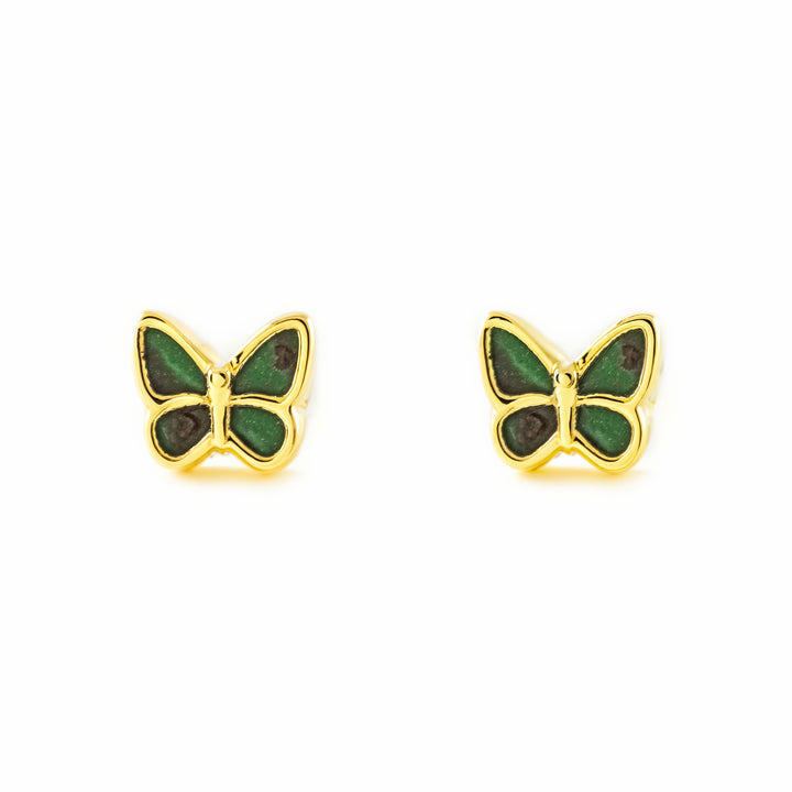 Pendientes Niña oro Amarillo 9K Mariposa Piedra Malaquita Verde Brillo