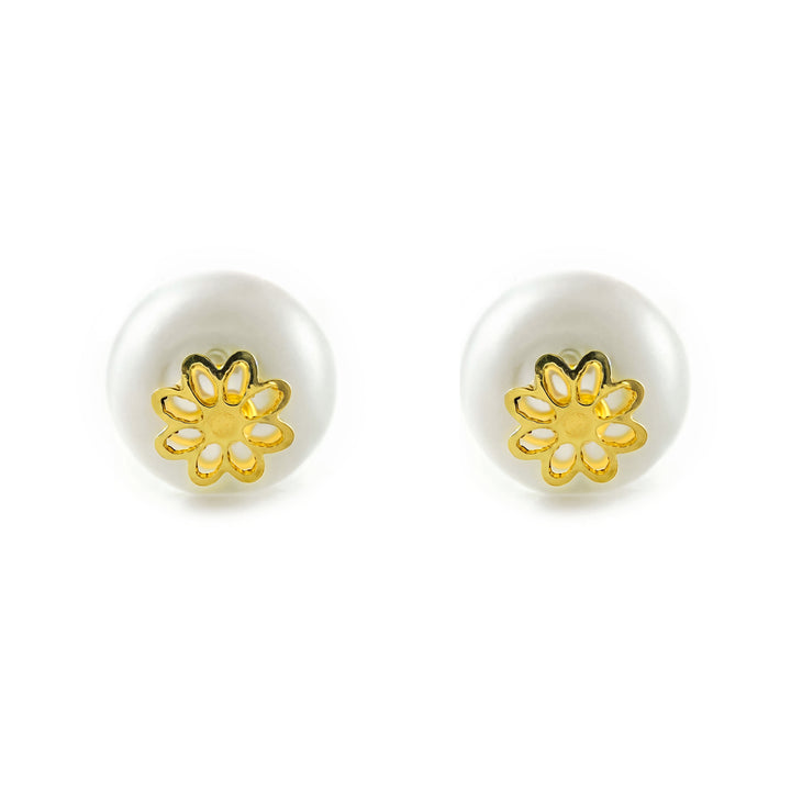 Pendientes Niña oro Amarillo 9K Flor Perla Natural Botón Brillo