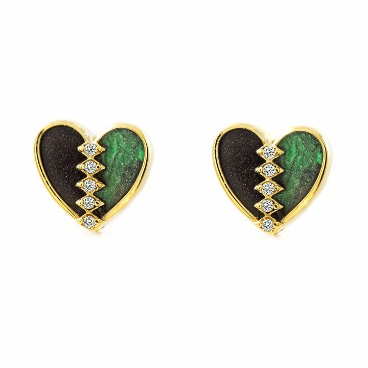 Pendientes Niña Mujer oro Amarillo 9K Corazón Piedra Malaquita Verde Brillo