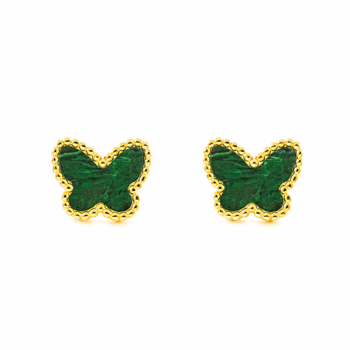 Pendientes Mujer oro Amarillo 9K Mariposa Piedra Malaquita Verde Brillo y Textura
