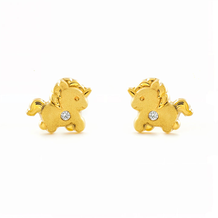 Pendientes Niña oro Amarillo 9K Unicornio Piedra Circonita Mate y Brillo