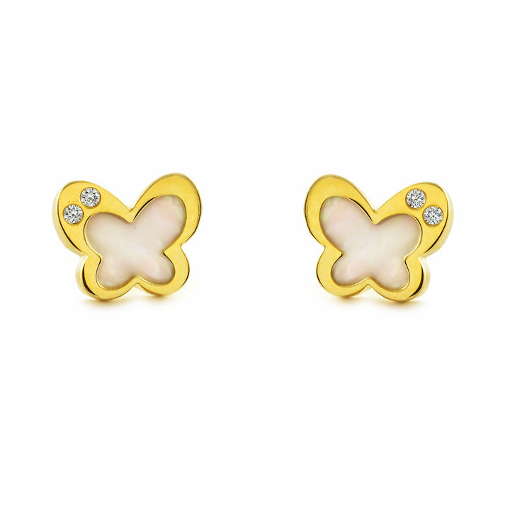 Pendientes Niña Mujer oro Amarillo 9K Mariposa Nácar Madre Perla Blanco Brillo