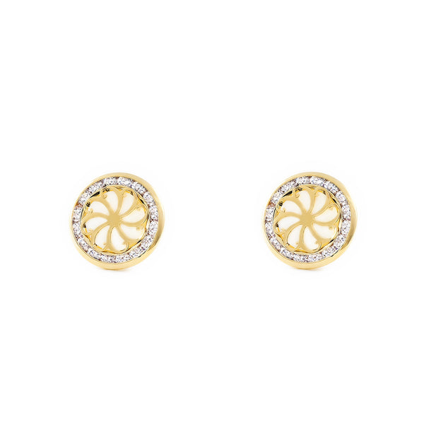 Orecchini ragazza donna Madreperla Fiore Zircone Oro Giallo 9K