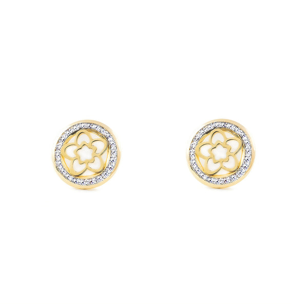 Orecchini ragazza donna Madreperla Fiore Zircone Oro Giallo 9K