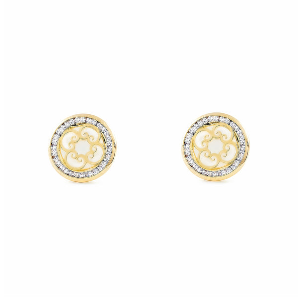 Orecchini ragazza donna Madreperla spirali Zircone Oro Giallo 9K