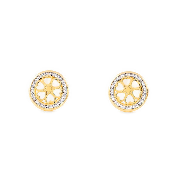 Orecchini ragazza donna Madreperla Cuori Zircone Oro Giallo 9K