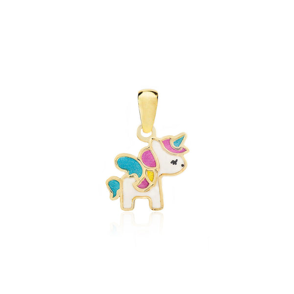 Pendente ciondolo brillante Smalto multicolore Unicorno Oro Giallo 9K