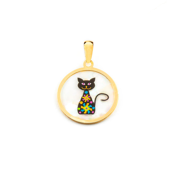 Pendente ciondolo brillante Madreperla Gatto Smalto multicolore Oro Giallo 9K