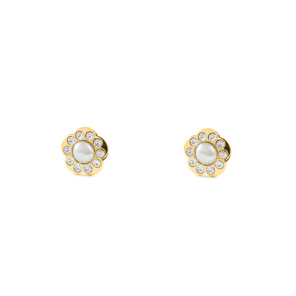 Orecchini ragazza donna fiore margherita Zircone Perla 3.5 mm Oro Giallo 9K