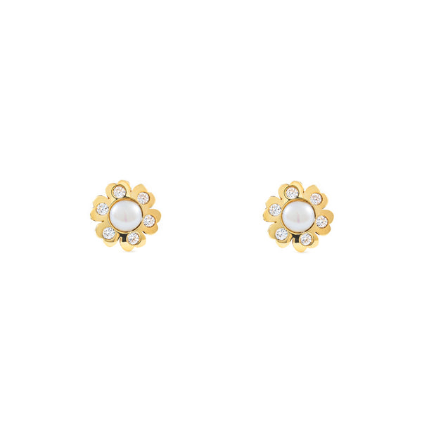 Orecchini ragazza donna Fiore Zircone Perla 3.5 mm Oro Giallo 9K