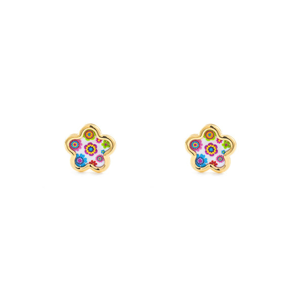 Orecchini ragazza Madreperla Fiori Smalto multicolore Oro Giallo 9K