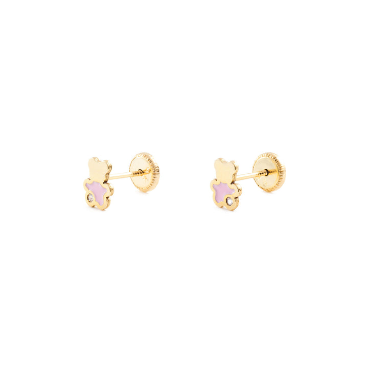 Pendientes Oro Bebe o Niña Oso esmalte rosa y circón (9kts)