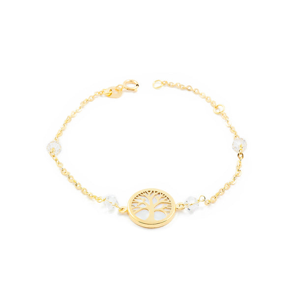 Bracciale Ragazza Oro Giallo 18K Perla, Albero della Vita Zirconi Brillanti 16 cm