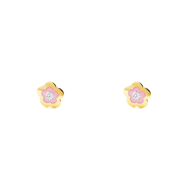 Orecchini ragazza Smalto rosa fiore margherita Zircone Oro Giallo 9K