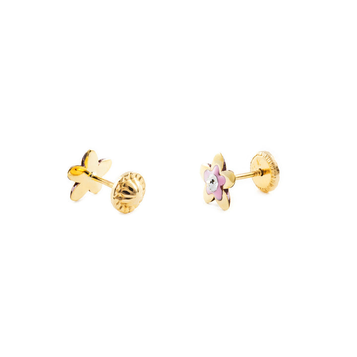 Pendientes Oro Niña flor esmalte rosa y circon (9kts)