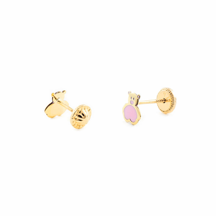 Pendientes Oro Niña Oso esmalte rosa (9kts)